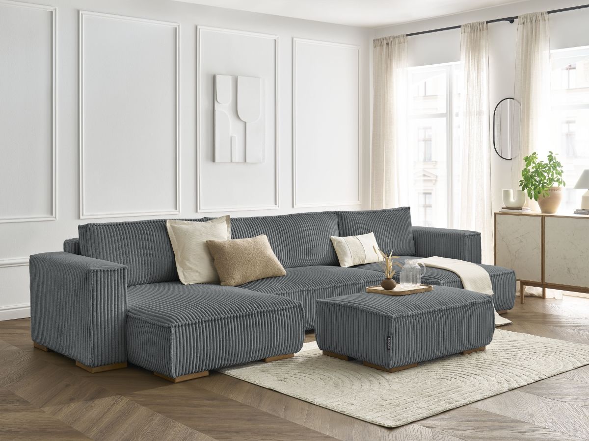 Bobochic Chelsea Wohnlandschaft mit Pouf Breitcord weich Dunkelgrau