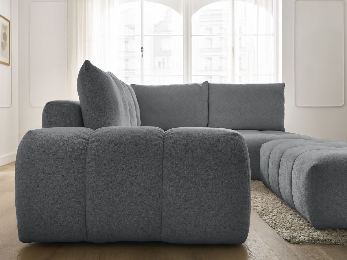 Bobochic Everest Ecksofa mit Schlaffunktion und Bettkasten und Pouf 320 × 212 cm, 5 Kissen Melange-Stoff Dunkelgrau Ecke rechts