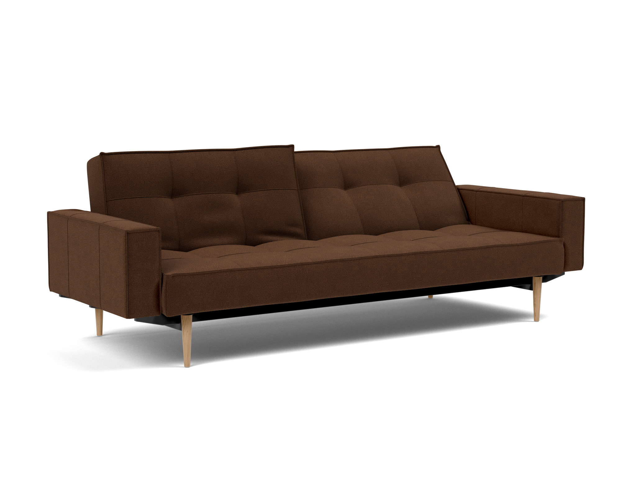 Schlafsofa Splitback mit Armlehnen Strukturierter Stoff Taura 359-Cappuccino Beine Styletto Eiche hell