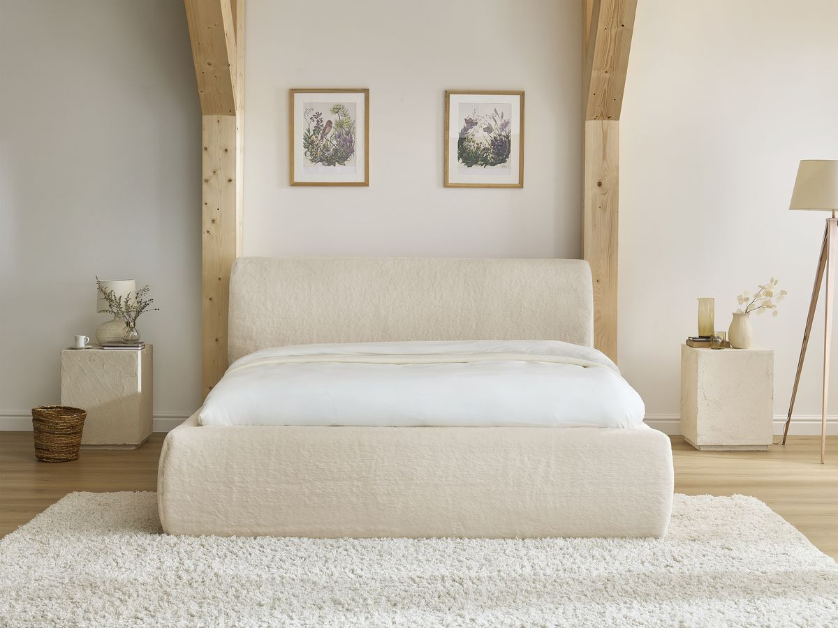 Bobochic Cervin Polsterbett mit Bettkasten Kunstfell Creme