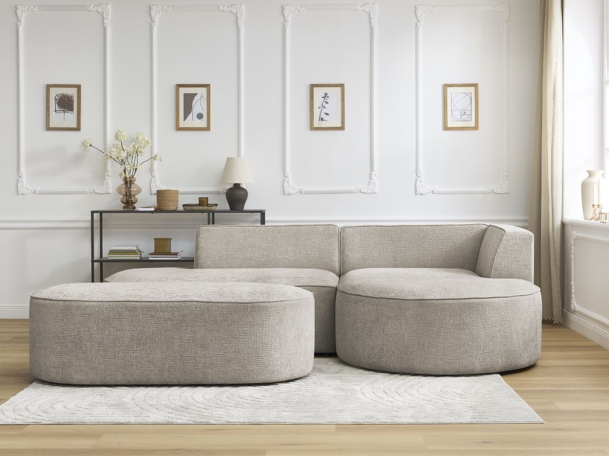 Bobochic Rousseau Ecksofa mit Pouf Strukturstoff Beige Ecke rechts