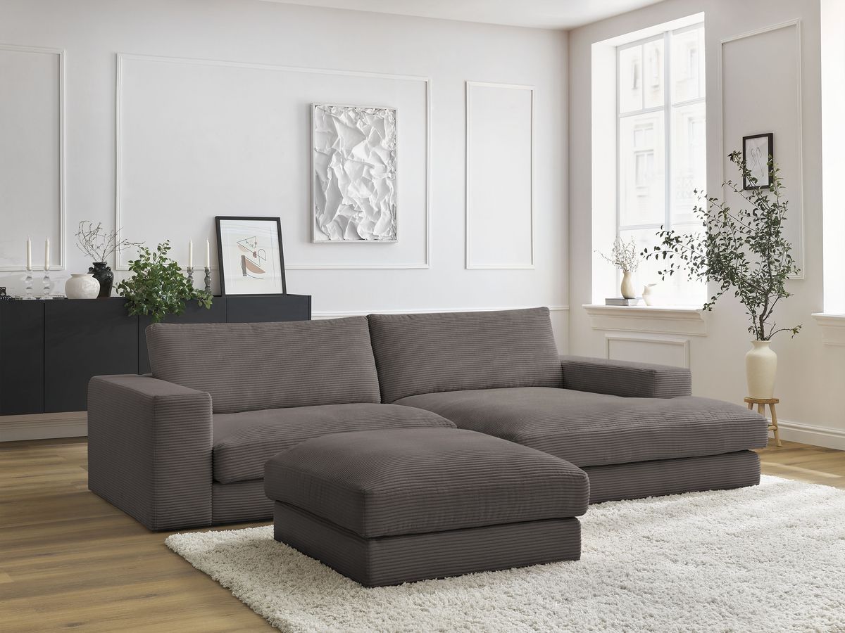 Bobochic Leonard Ecksofa mit Pouf 274 × 159 cm Cordsamt Braun Ecke rechts