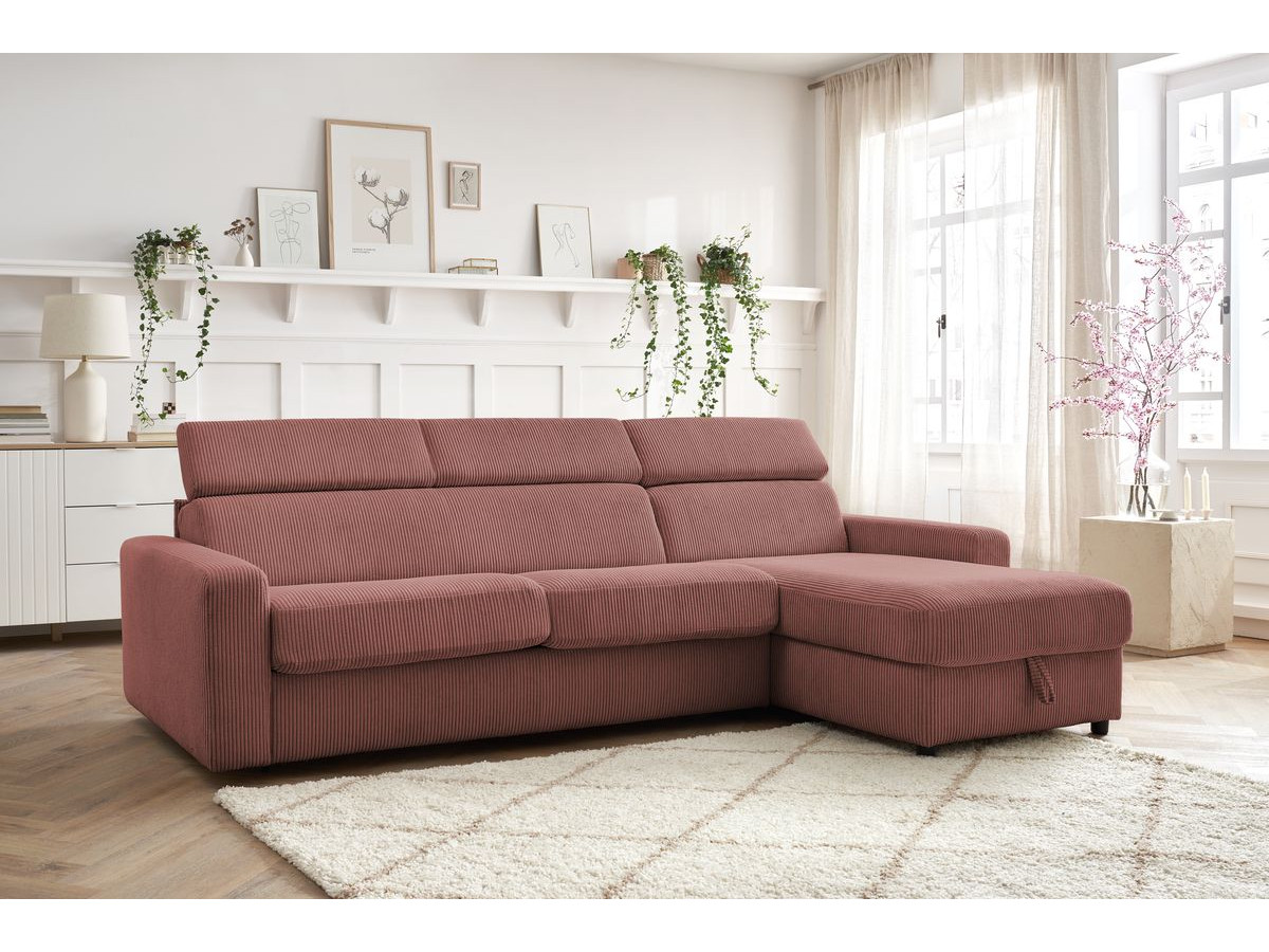 Bobochic Monaco Ecksofa mit Schlaffunktion und Bettkasten Cordsamt Rosa, Liegefläche 140 × 190 cm