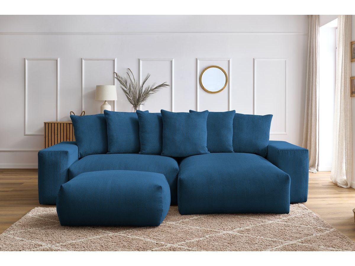 Bobochic Voltaire Ecksofa mit Schlaffunktion und Bettkasten und Pouf Cordsamt Dunkelblau