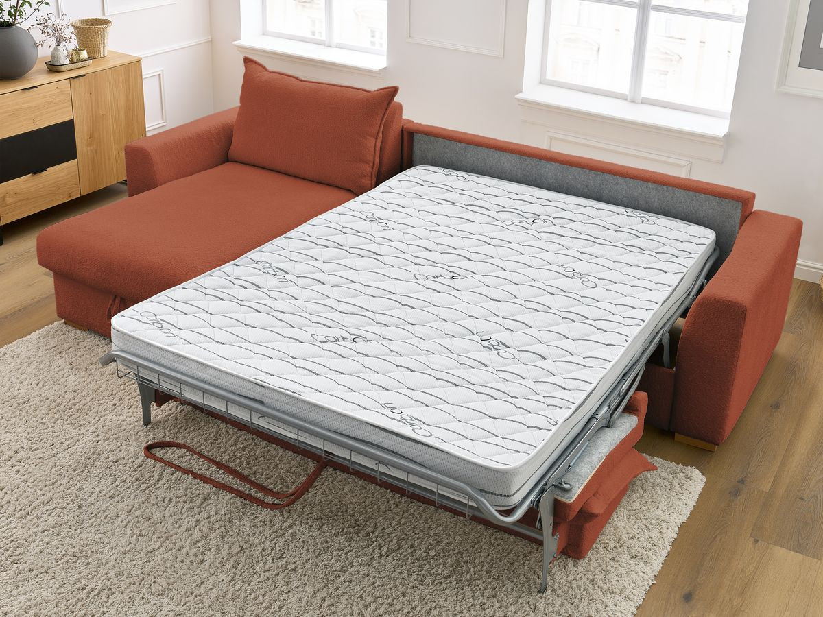 Bobochic Augustin Ecksofa mit Schlaffunktion und Bettkasten Bouclé-Stoff Orange, Liegefläche 160 × 200 cm