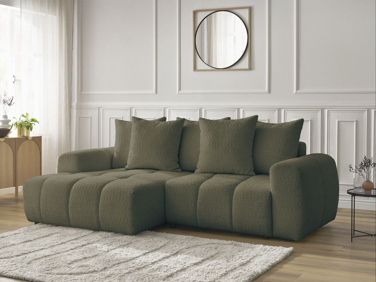Bobochic Roxelane Ecksofa mit Schlaffunktion und Bettkasten 258 × 150 cm Bouclé-Stoff Grün Ecke links