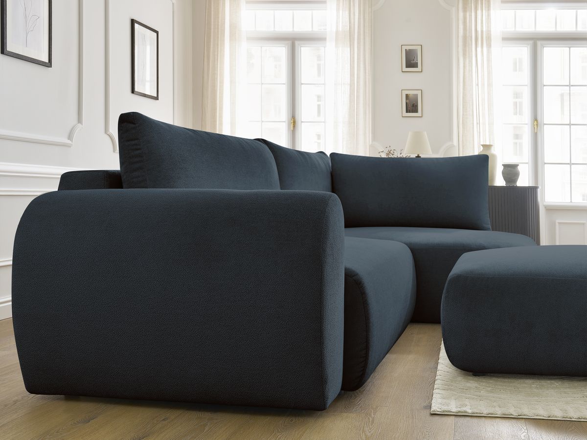 Bobochic Lucien Ecksofa mit Schlaffunktion und Bettkasten und Pouf 296 × 198 cm Stoff Dunkelblau Ecke rechts