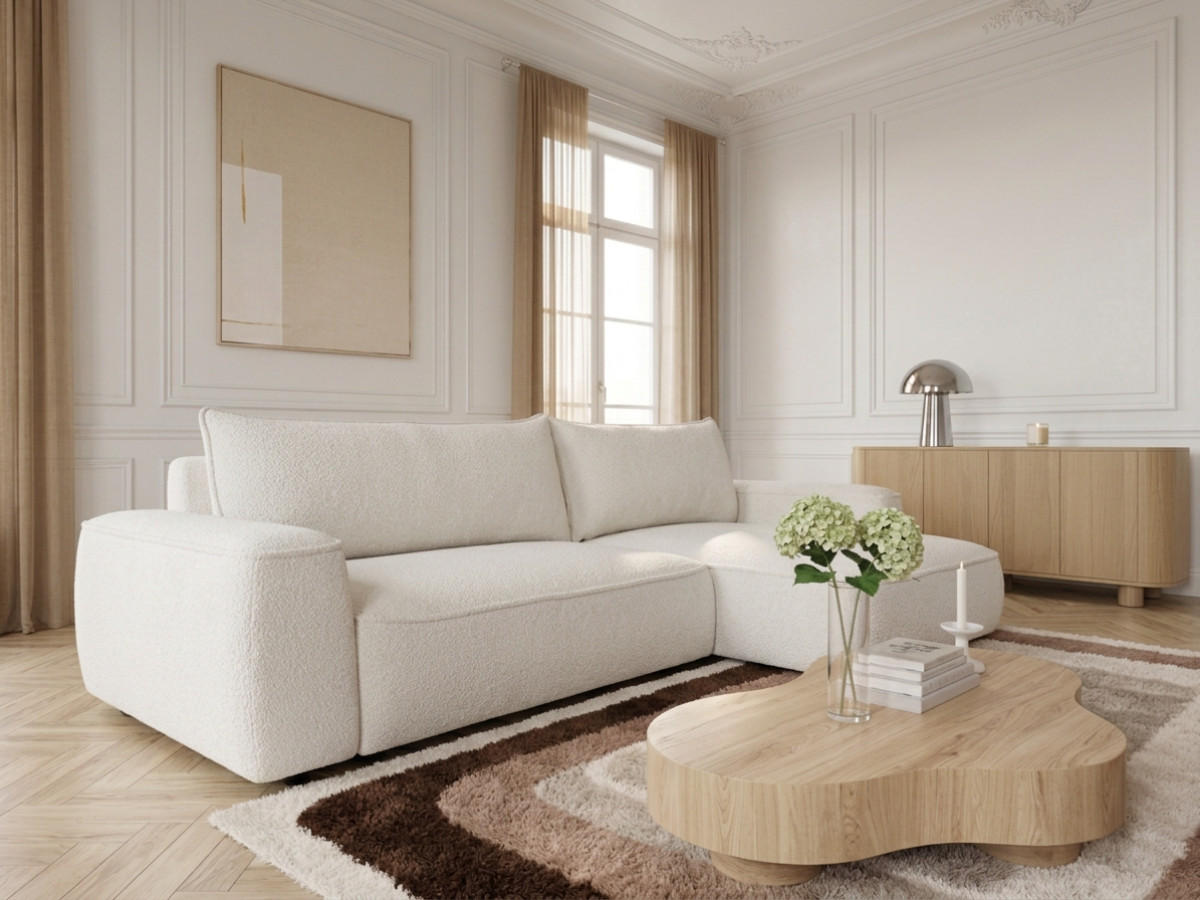 Bobochic Honore Ecksofa mit Schlaffunktion und Bettkasten Chenille Weiß