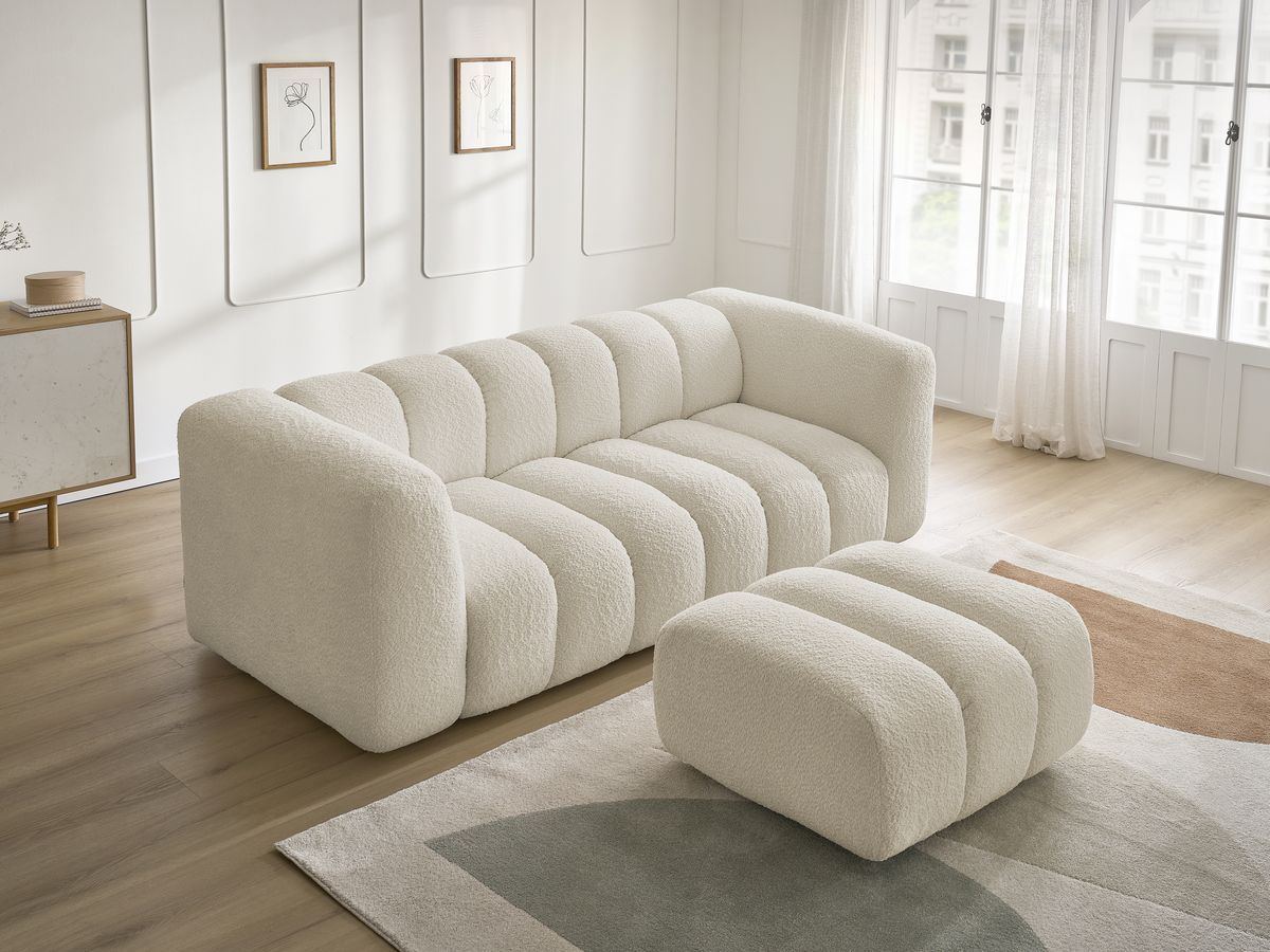 Bobochic Talia Sofa 3-Sitzer mit Pouf Bouclé-Stoff Beige