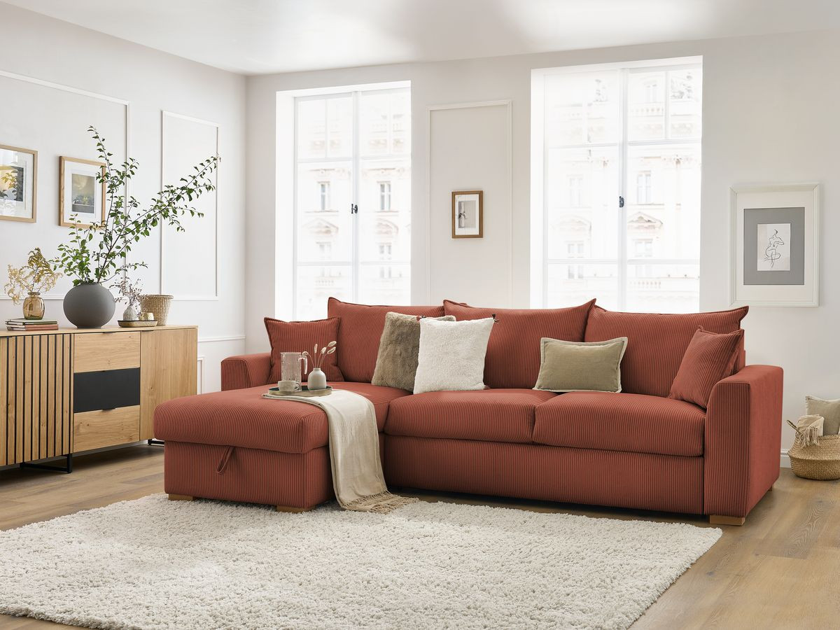 Bobochic Augustin Ecksofa mit Schlaffunktion und Bettkasten Cordsamt Orange, Liegefläche 160 × 200 cm
