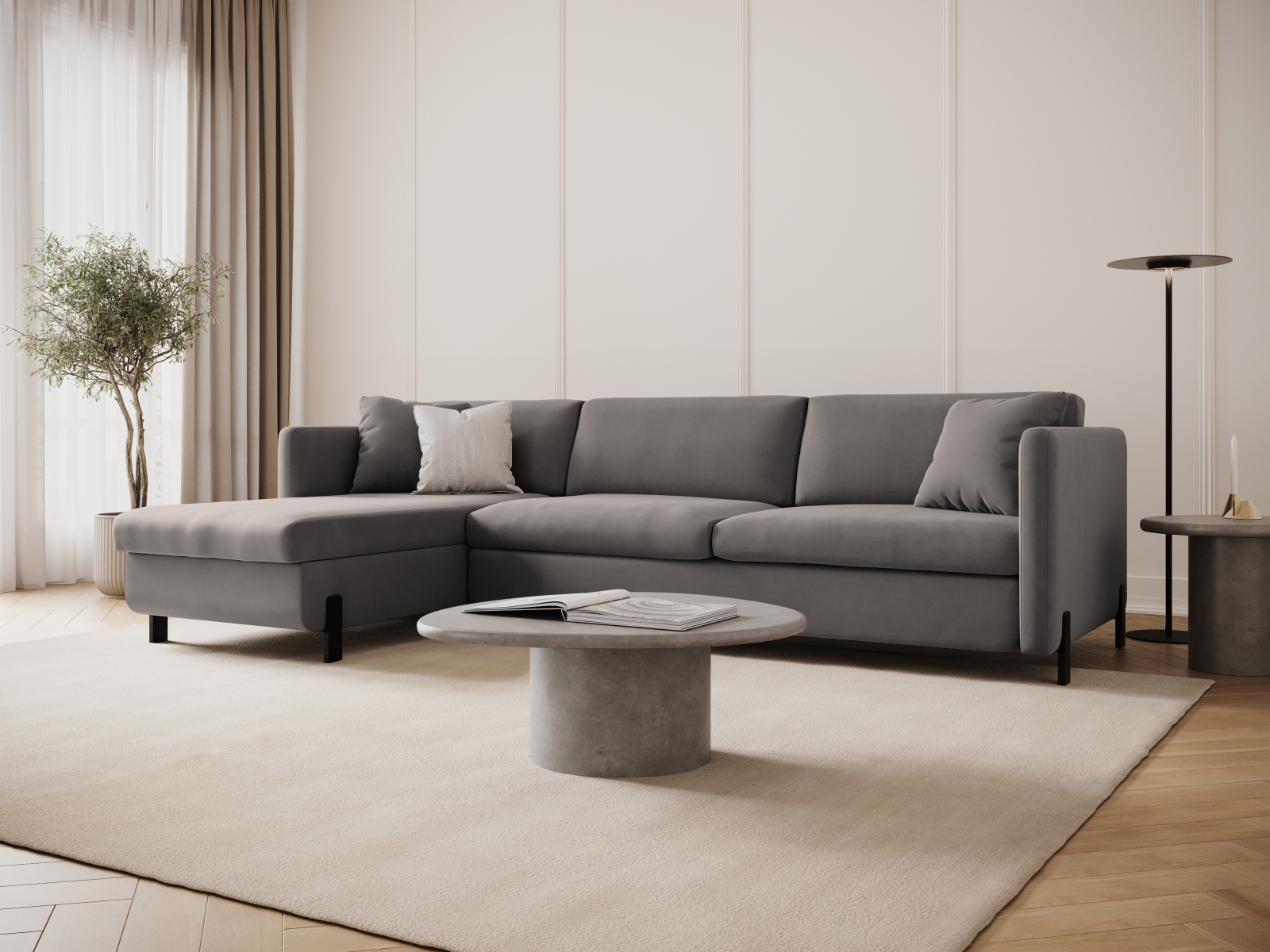 Micadoni Schlaf-Ecksofa Gloria 5-Sitzer Links Samt Grau 205x160
