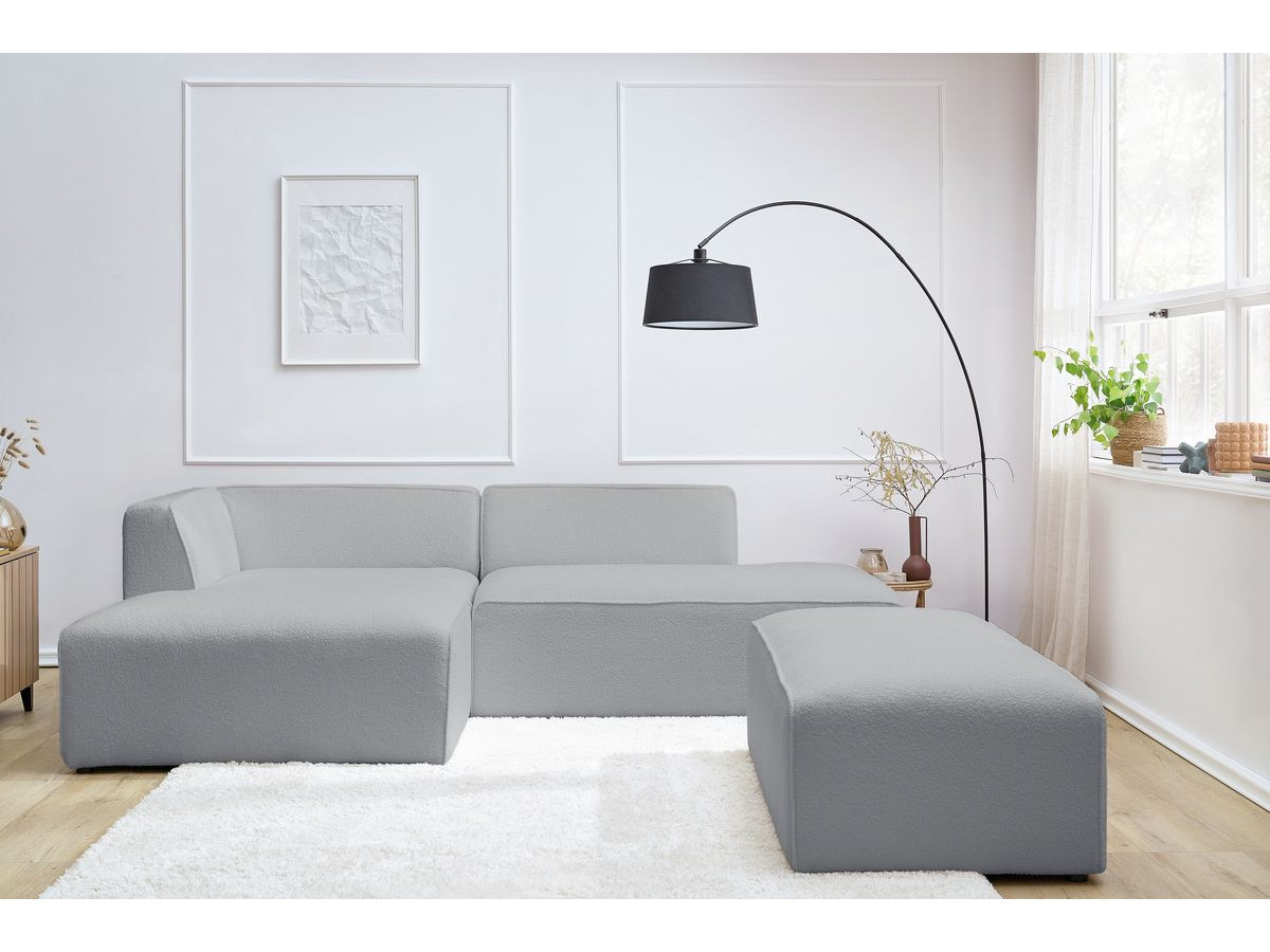 Bobochic Megeve Ecksofa mit Schlaffunktion und Pouf Bouclé-Stoff Hellgrau Ecke links