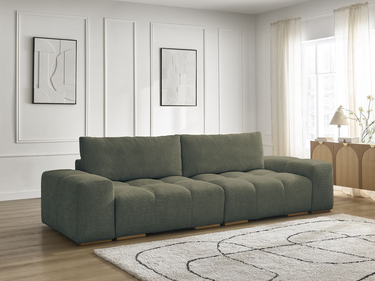 Bobochic Anakin Sofa 3-Sitzer, 2 Kissen Bouclé-Stoff Grün