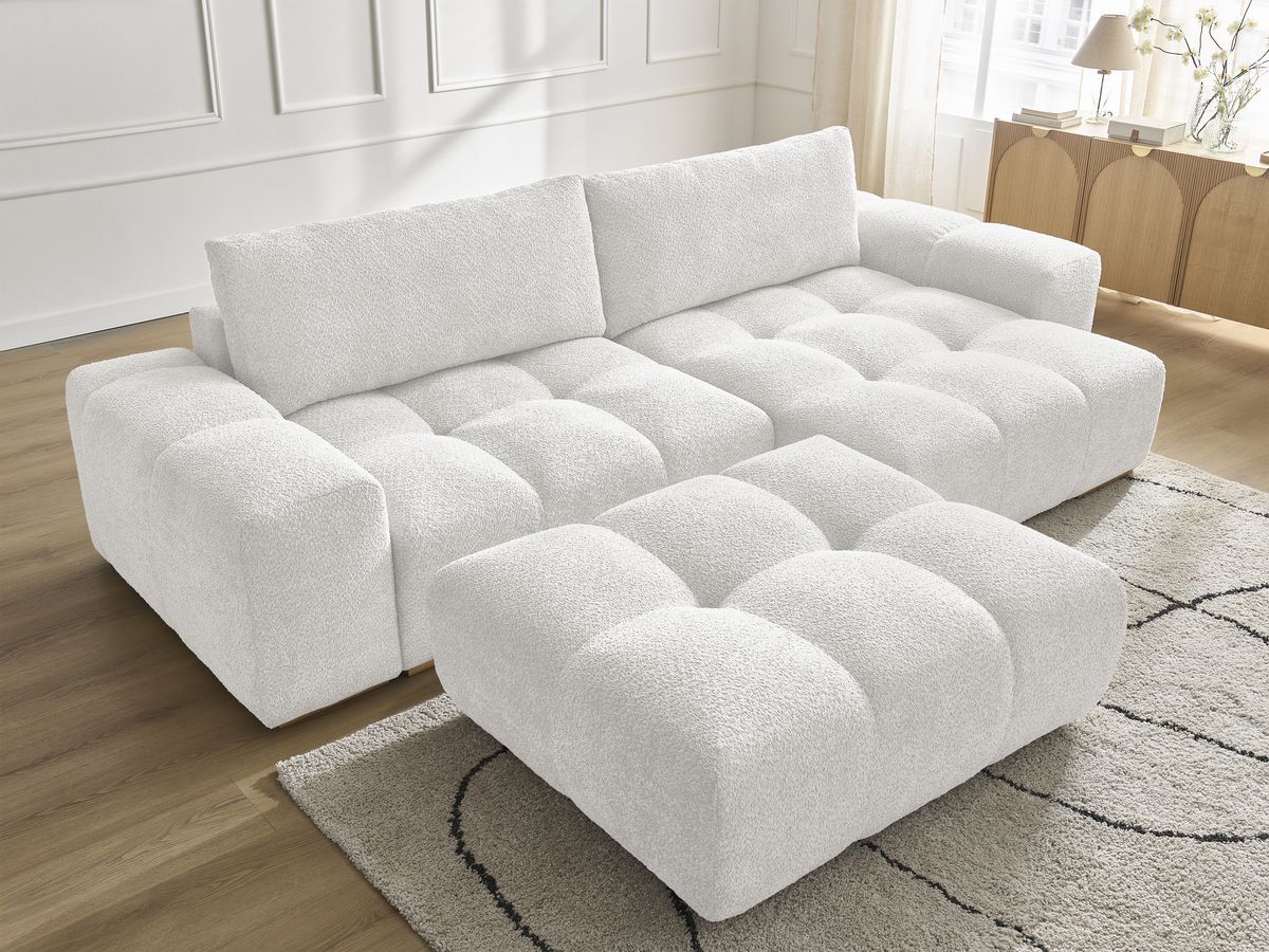 Bobochic Anakin Ecksofa mit Pouf, 2 Kissen Bouclé-Stoff Weiß