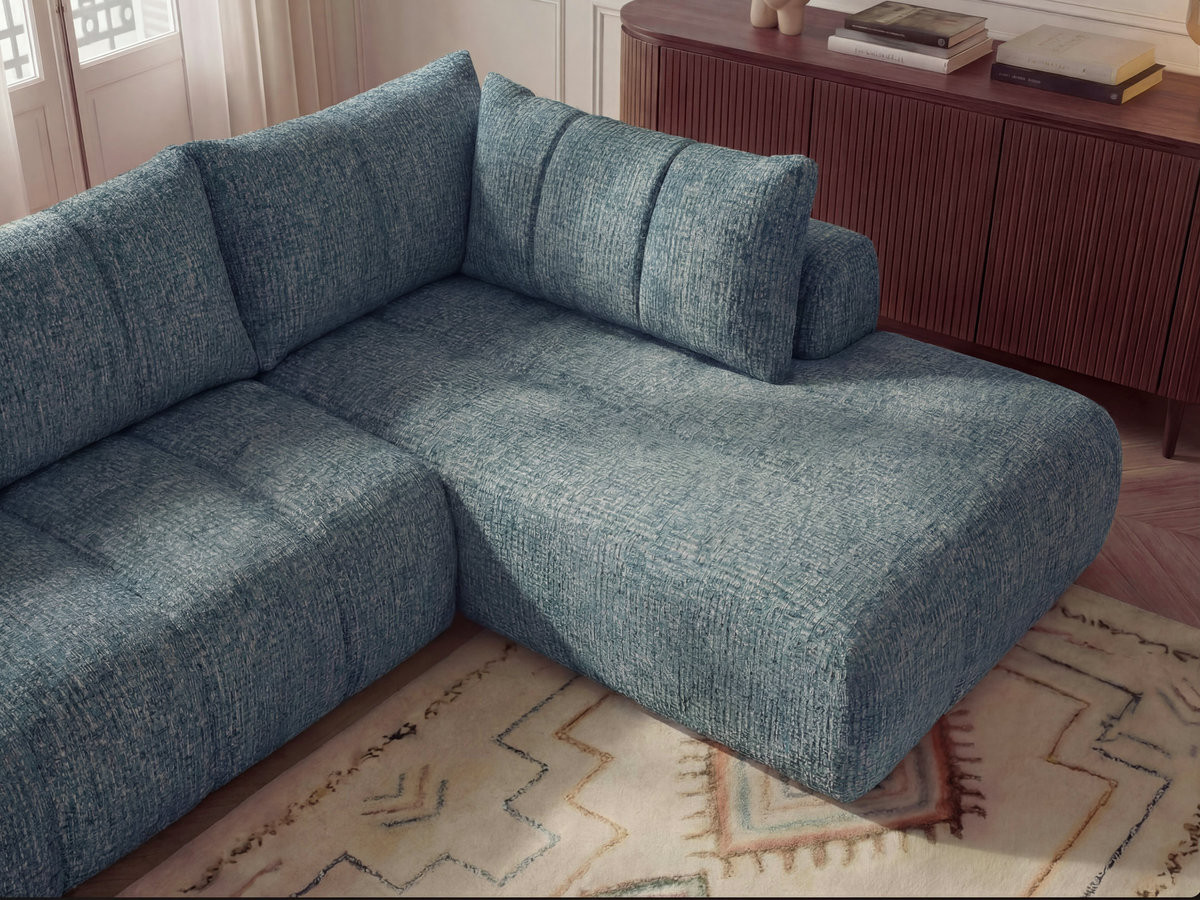 Bobochic Nesty Ecksofa in L-Form, 256 cm, mit Pouf Melange-Stoff Blau Ecke rechts