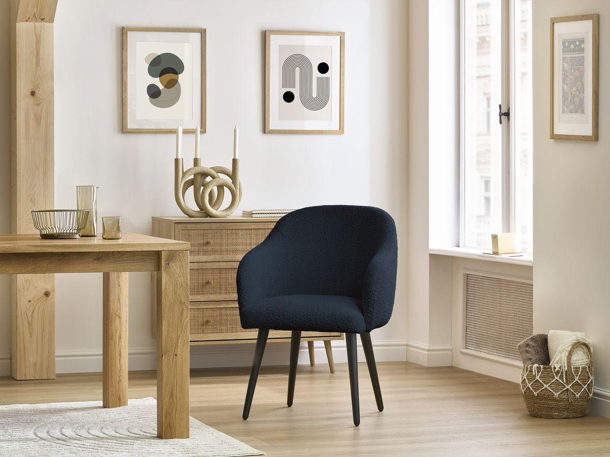 Bobochic Sophie Esszimmerstuhl 4er-Set mit skandinavischen Beinen, schwarz Bouclé-Stoff Dunkelblau