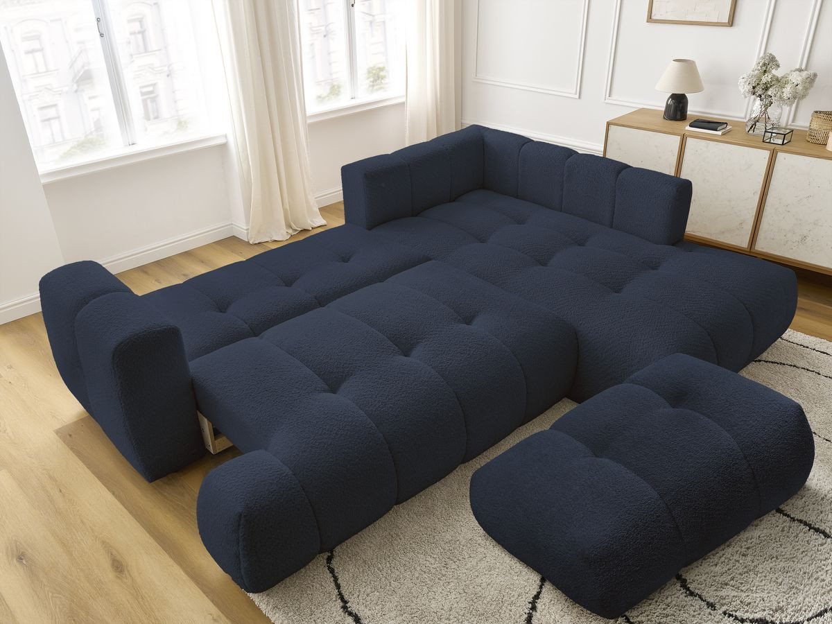 Bobochic Fuji Ecksofa mit Schlaffunktion und Bettkasten und Pouf 282 × 204 cm Bouclé-Stoff Dunkelblau Ecke rechts