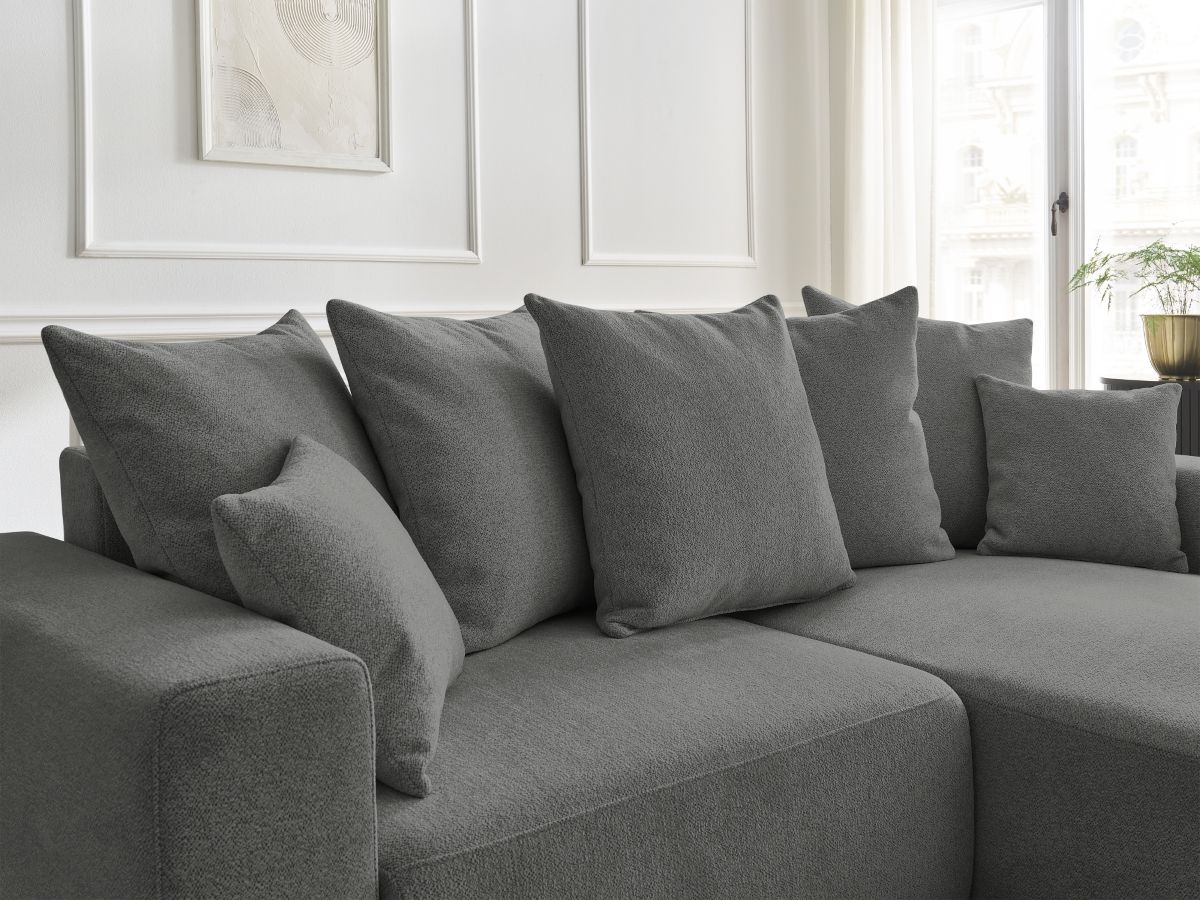 Bobochic Atilla Ecksofa mit Schlaffunktion und Bettkasten Melange-Stoff Dunkelgrau Ecke rechts