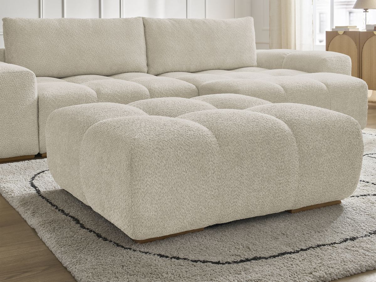 Bobochic Anakin Ecksofa mit Schlaffunktion und Bettkasten und Pouf, 2 Kissen Bouclé-Stoff Beige