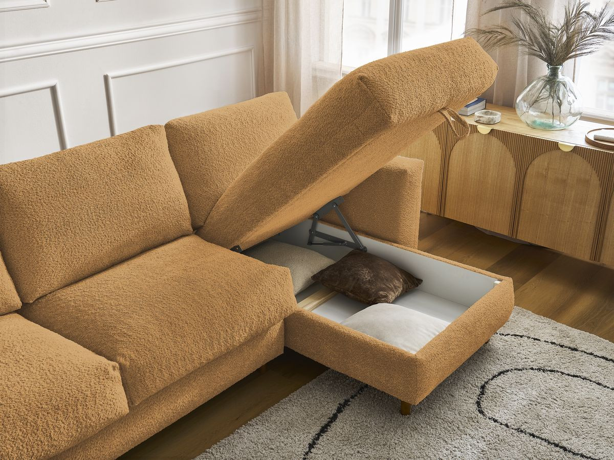 Bobochic Cocoone Ecksofa mit Schlaffunktion und Bettkasten Bouclé-Stoff Gelb, Liegefläche 140 × 200 cm