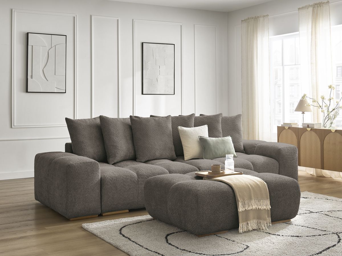 Bobochic Anakin Sofa 3-Sitzer mit Pouf, 6 Kissen Bouclé-Stoff Braun