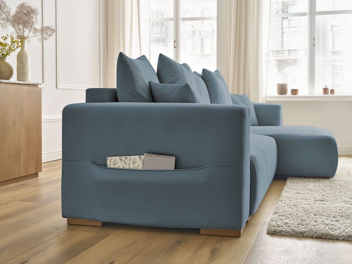 Bobochic Sidonie Ecksofa mit Schlaffunktion und Bettkasten Cordsamt Dunkelblau