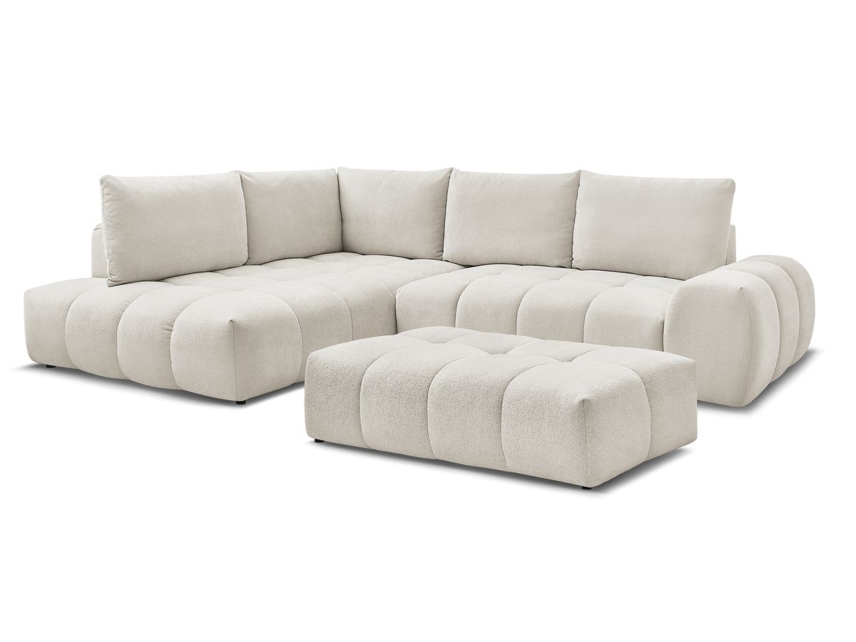 Bobochic Everest Ecksofa mit Schlaffunktion und Bettkasten und Pouf 320 × 212 cm, 5 Kissen Strukturstoff Beige Ecke links