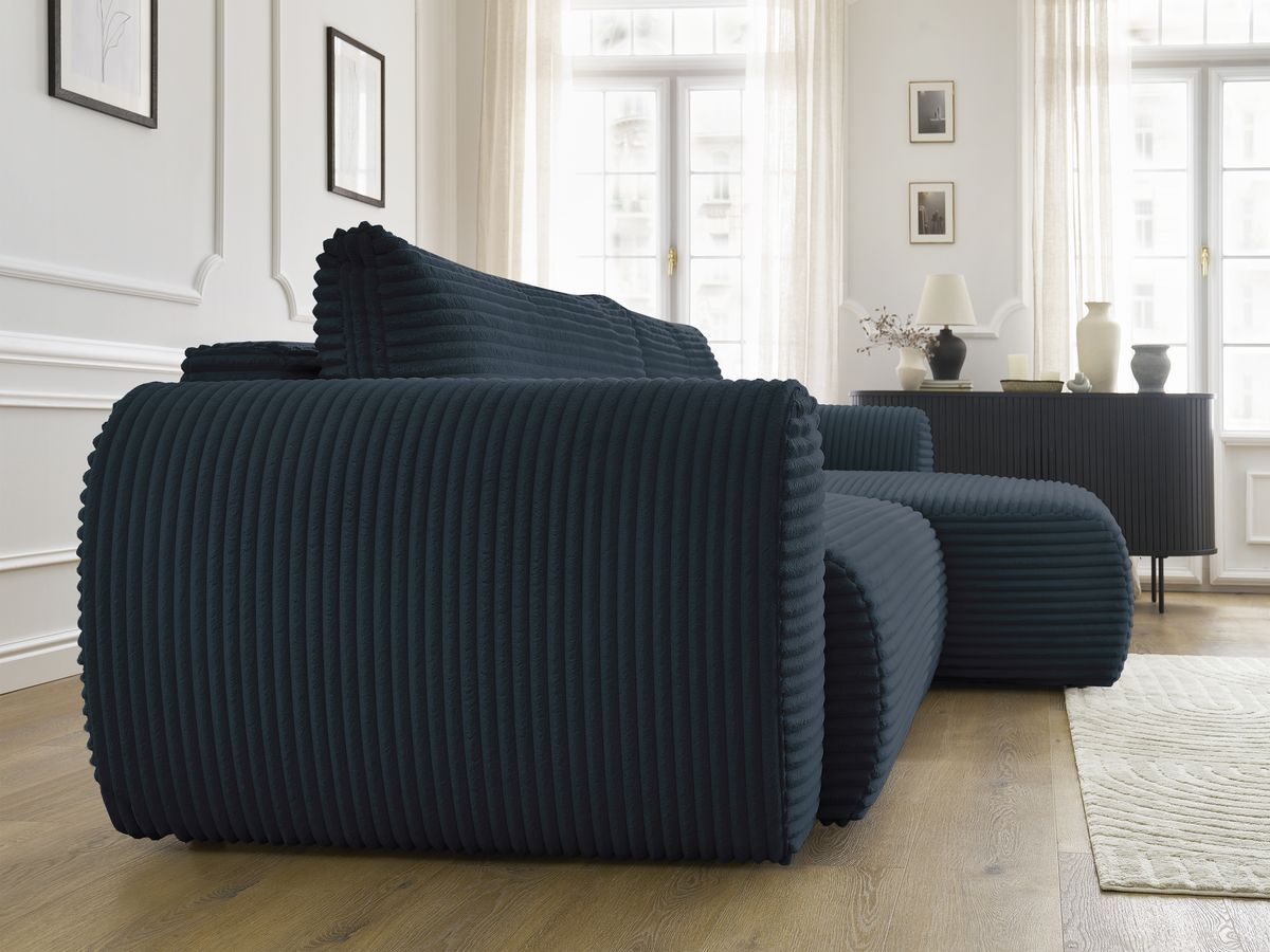 Bobochic Lucien Ecksofa mit Schlaffunktion und Bettkasten 314 × 167 cm Breitcord weich Dunkelblau Ecke rechts