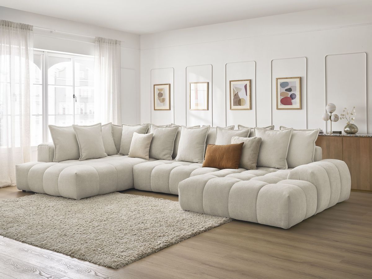 Bobochic Everest Wohnlandschaft, 14 Kissen Strukturstoff Beige Ecke rechts