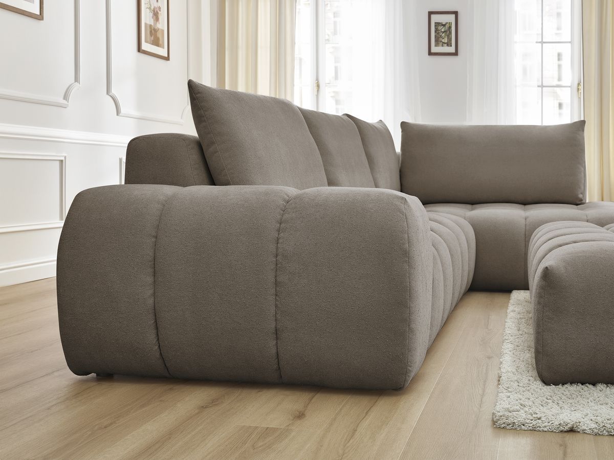 Bobochic Everest Ecksofa mit Schlaffunktion und Pouf, 4 Kissen Strukturstoff Taupe Ecke rechts