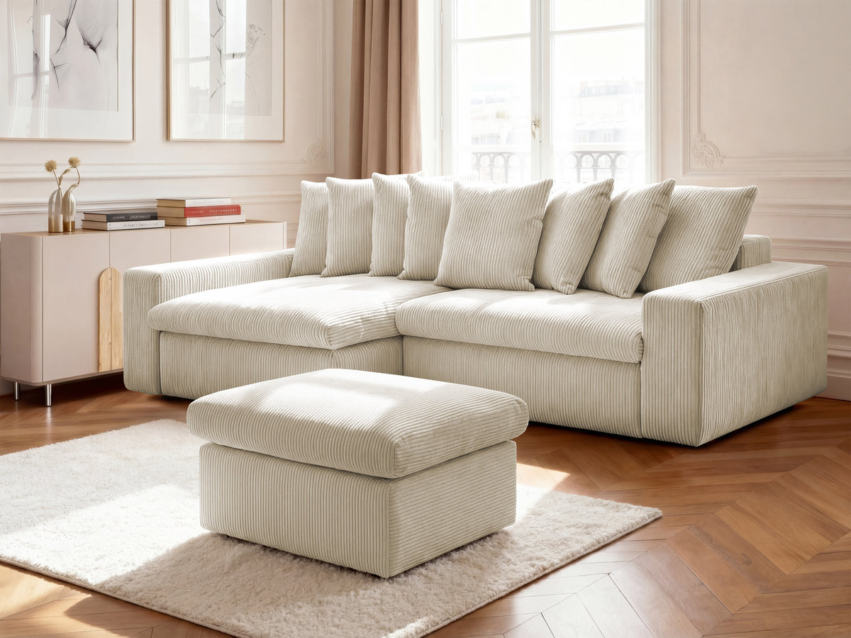 Bobochic Enore Ecksofa mit Pouf Cordsamt Beige Ecke links