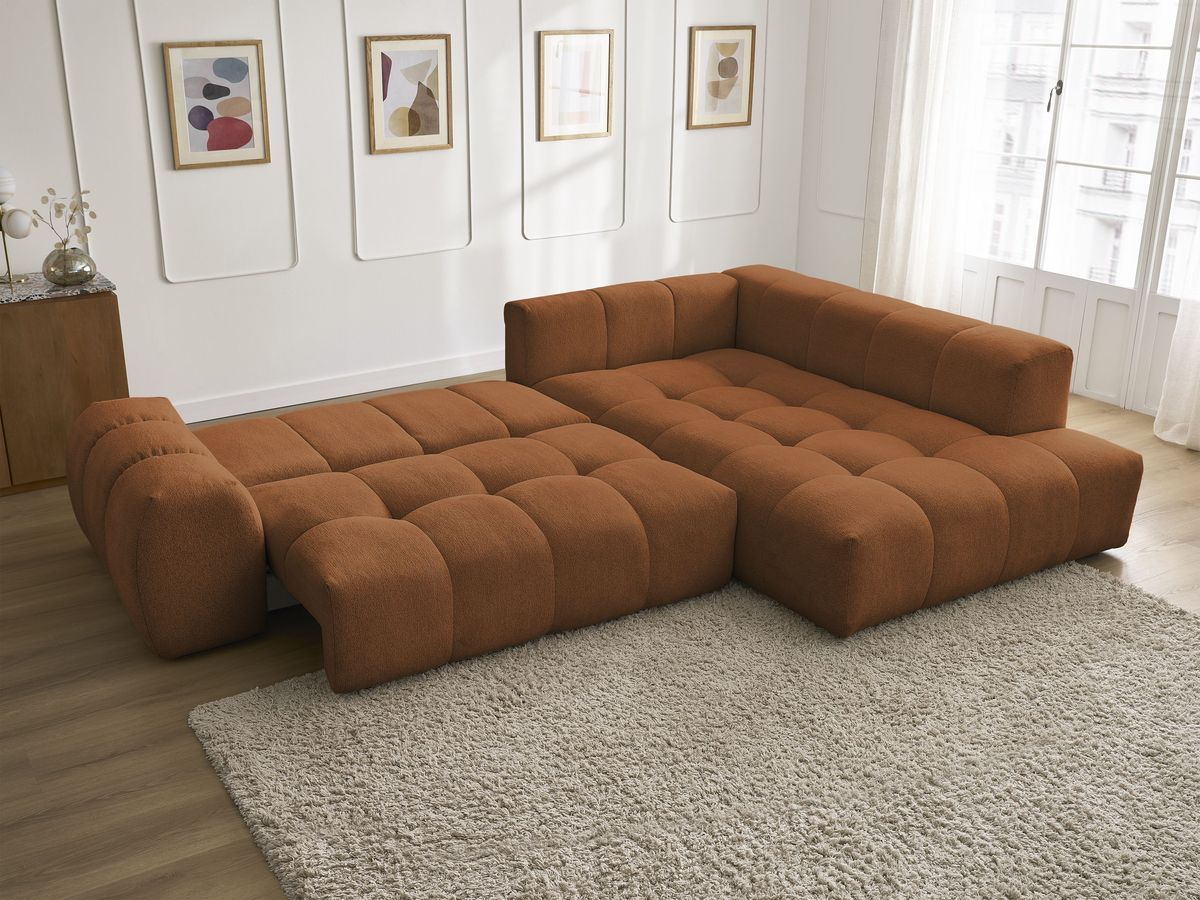 Bobochic Everest Ecksofa mit Schlaffunktion und Bettkasten 320 × 212 cm, 10 Kissen Melange-Stoff Orange Ecke rechts