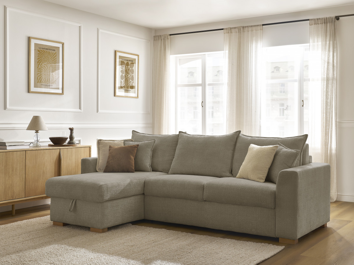 Bobochic Augustin Ecksofa mit Schlaffunktion und Bettkasten Strukturstoff Taupe, Liegefläche 160 × 200 cm