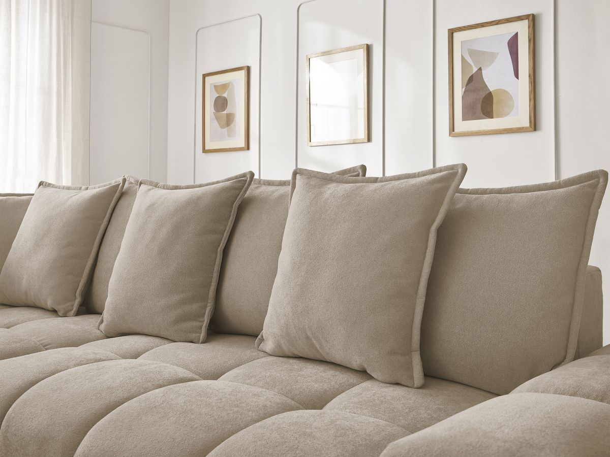 Bobochic Everest Ecksofa mit Schlaffunktion und Bettkasten 320 × 212 cm, 10 Kissen Strukturstoff Taupe Ecke links