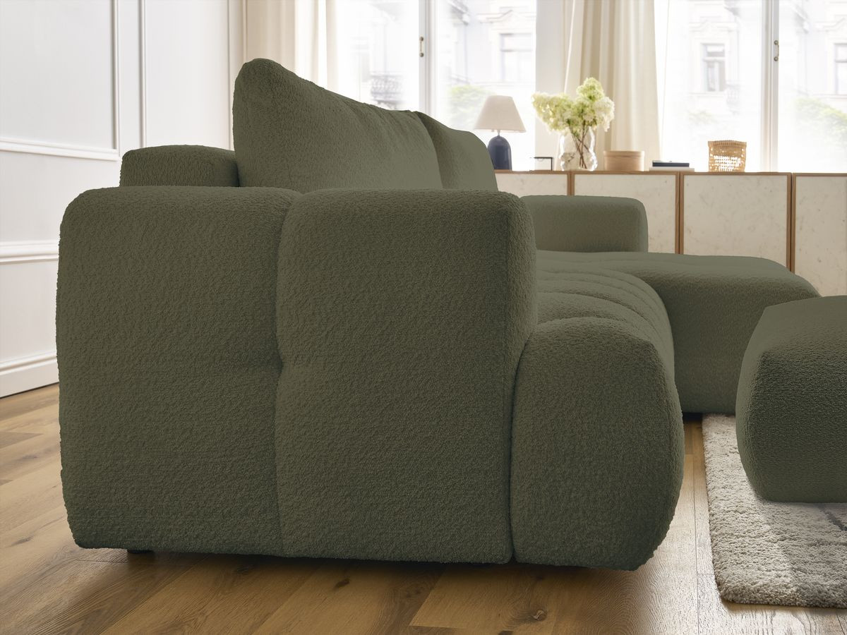Bobochic Fuji Ecksofa mit Schlaffunktion und Bettkasten und Pouf 292 × 160 cm Bouclé-Stoff Grün Ecke rechts