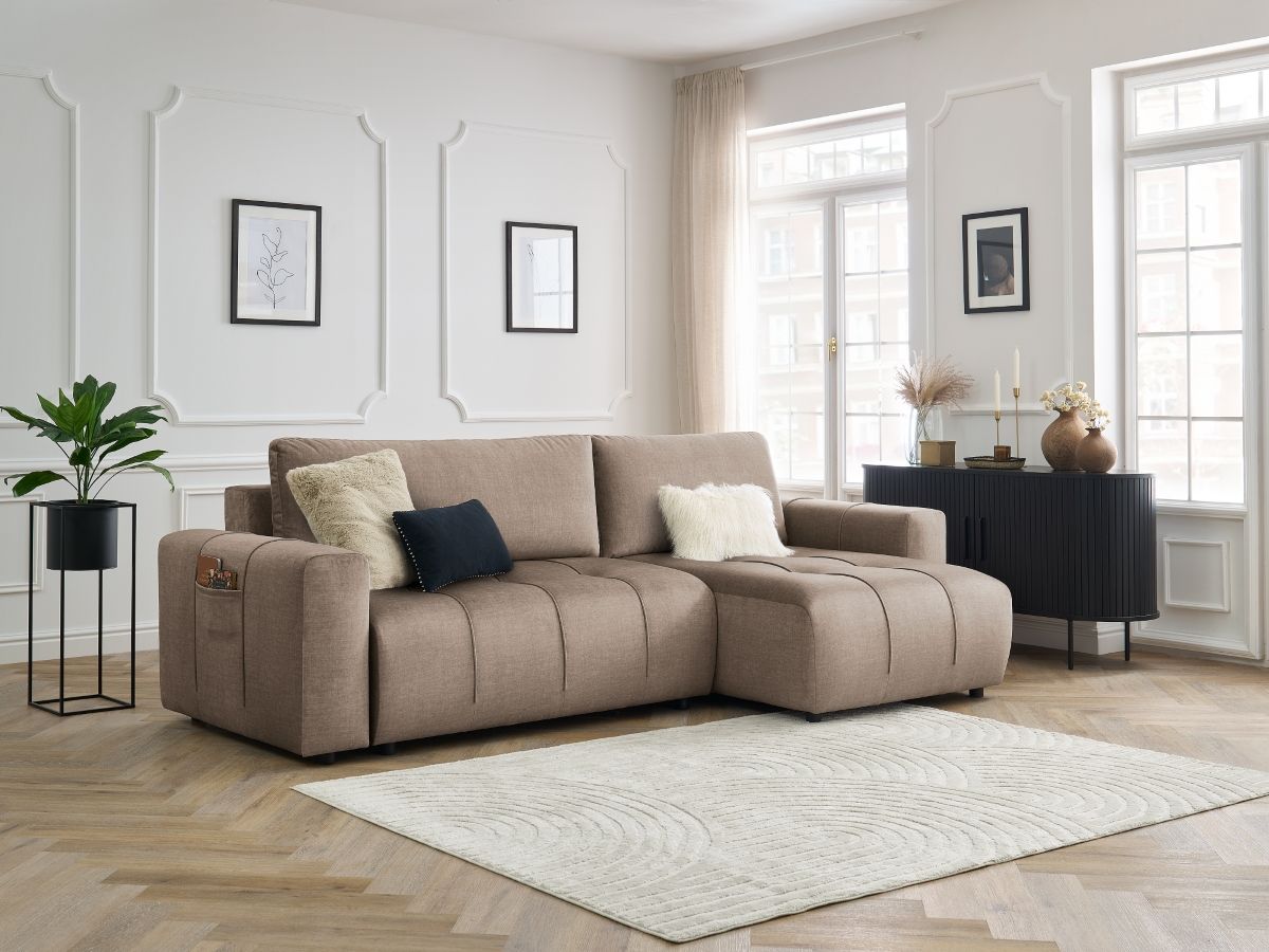 Bobochic Arsene Ecksofa mit Schlaffunktion und Bettkasten 288 × 148 cm Samt Taupe