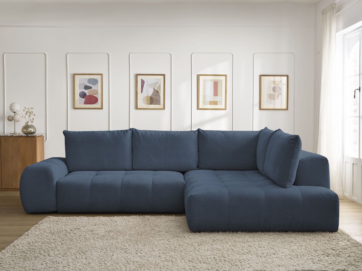 Bobochic Everest Ecksofa mit Schlaffunktion und Bettkasten 320 × 212 cm, 5 Kissen Melange-Stoff Dunkelblau Ecke rechts