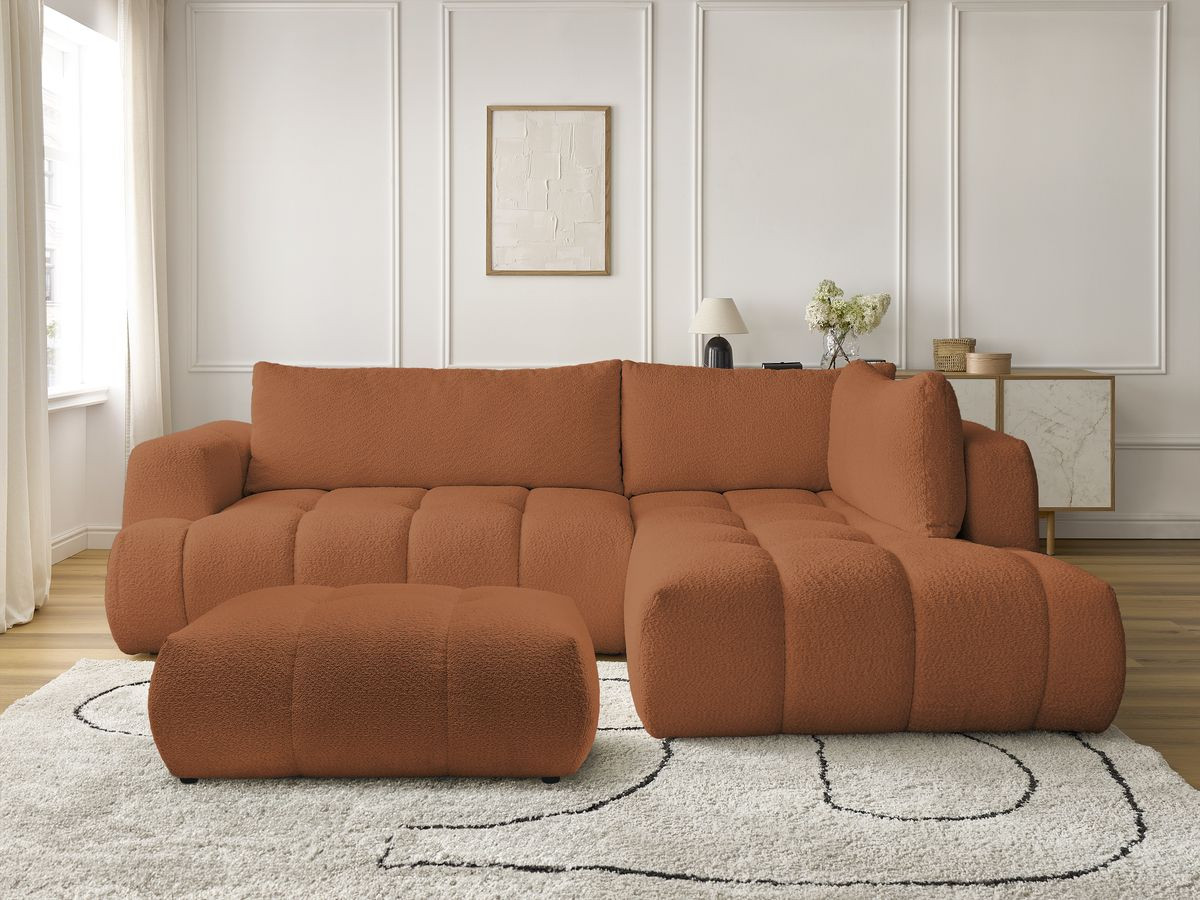 Bobochic Fuji Ecksofa mit Schlaffunktion und Bettkasten und Pouf 282 × 204 cm Bouclé-Stoff Orange Ecke rechts