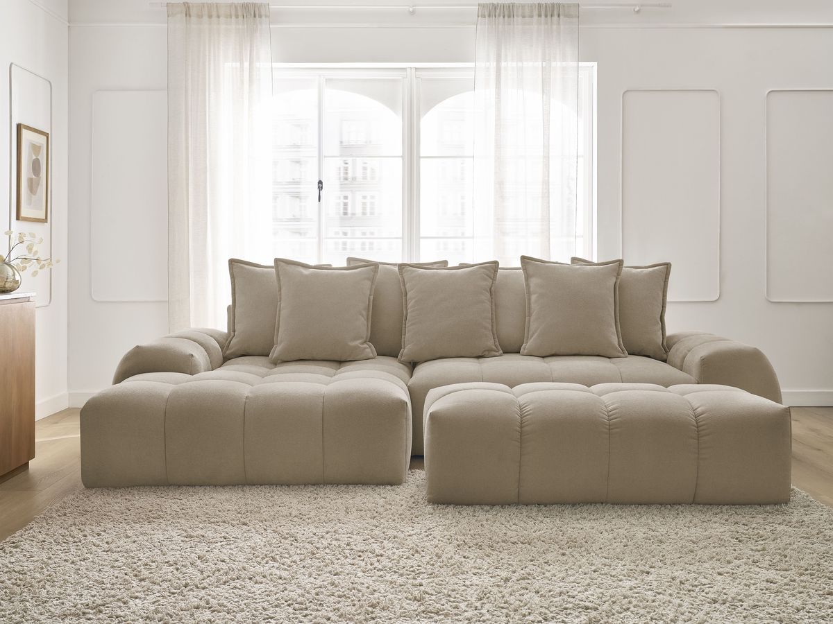 Bobochic Everest Ecksofa mit Schlaffunktion und Bettkasten und Pouf 318 × 180 cm, 7 Kissen Strukturstoff Taupe Ecke links