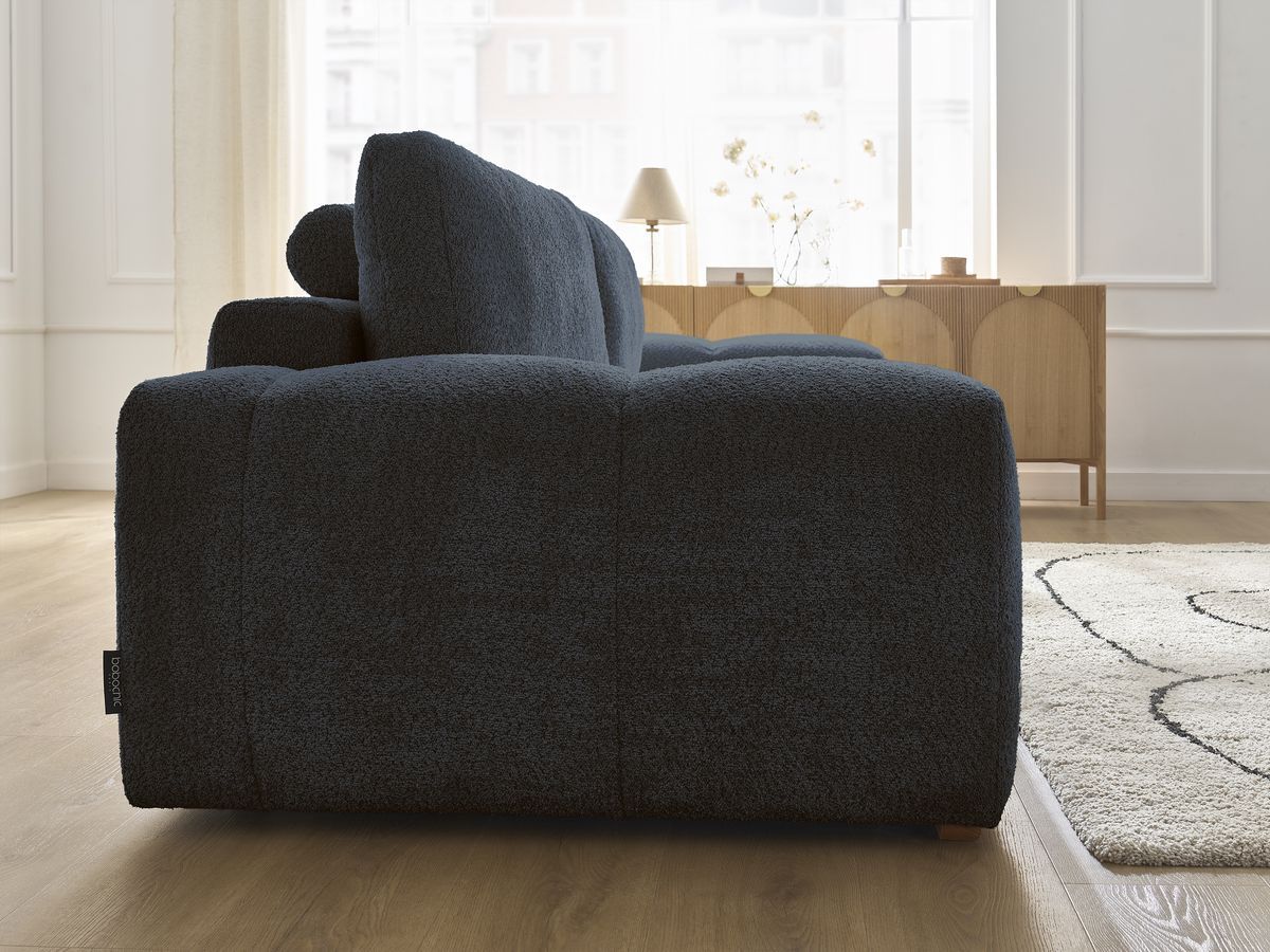 Bobochic Anakin Schlafsofa 3-Sitzer mit Bettkasten, 2 Kissen Bouclé-Stoff Dunkelblau