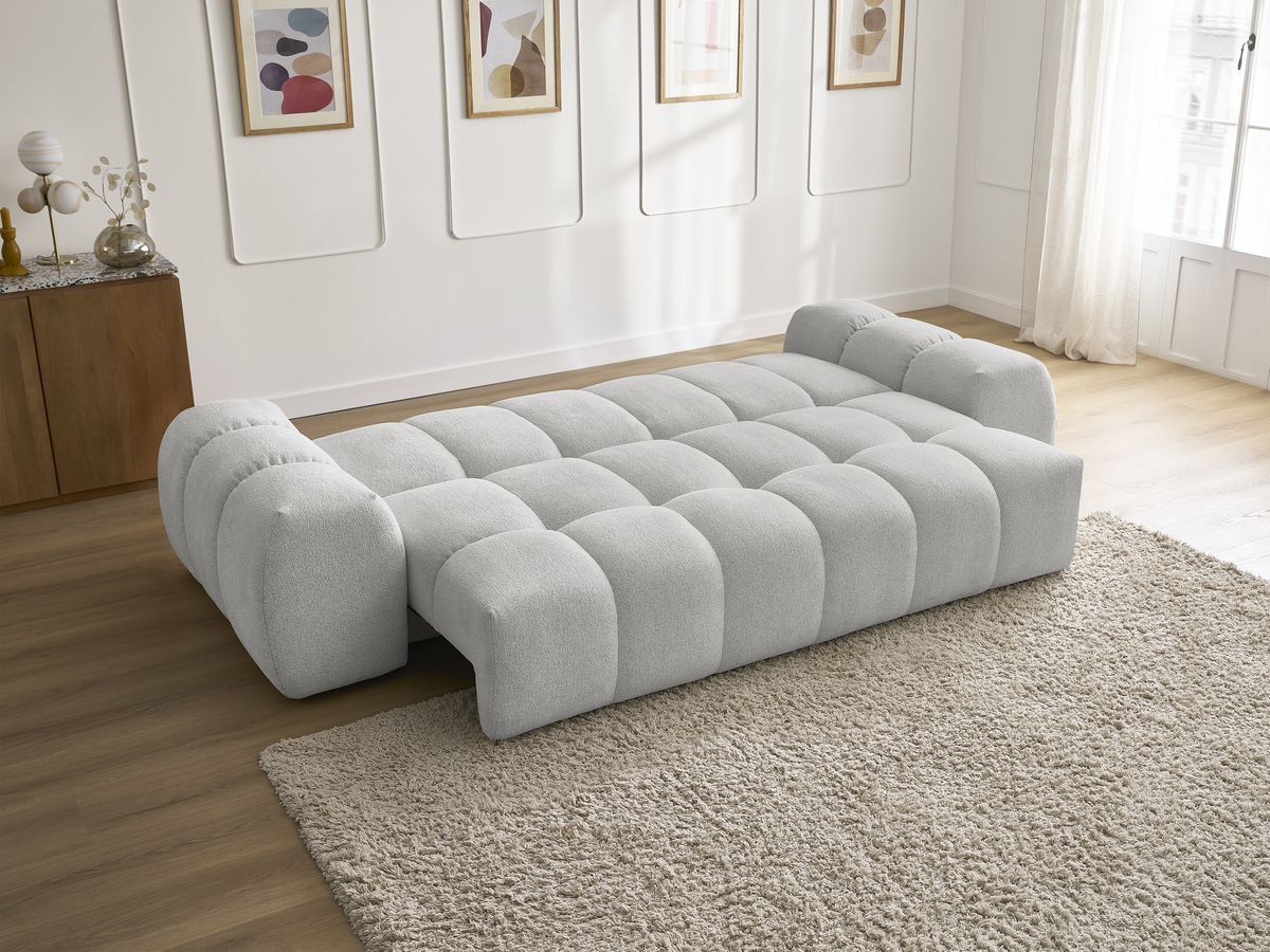 Bobochic Everest Schlafsofa 3-Sitzer mit Bettkasten, 5 Kissen Melange-Stoff Hellgrau