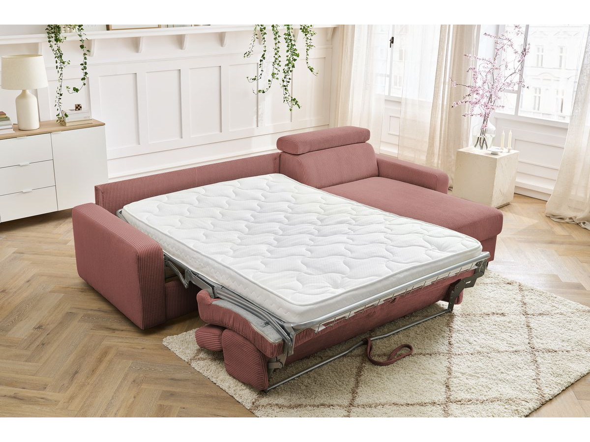Bobochic Monaco Ecksofa mit Schlaffunktion und Bettkasten Cordsamt Rosa, Liegefläche 140 × 190 cm