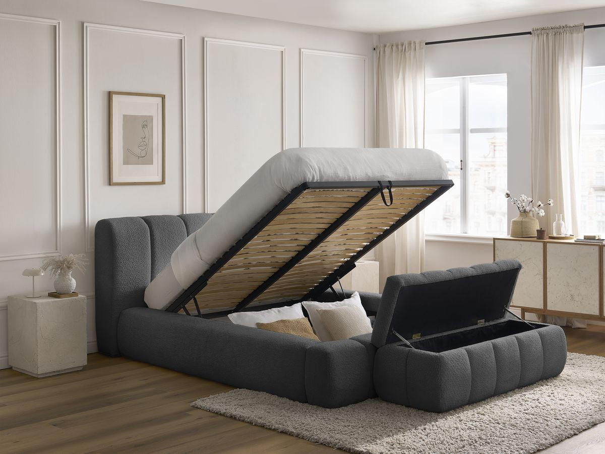 Bobochic Denali Polsterbett mit Bettkasten mit Bettbank Bouclé-Stoff Dunkelgrau, Liegefläche 180 × 200 cm