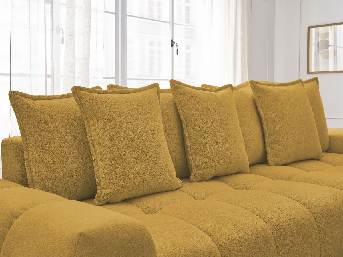 Bobochic Everest Ecksofa mit Schlaffunktion und Bettkasten 318 × 180 cm, 7 Kissen Melange-Stoff Gelb Ecke rechts