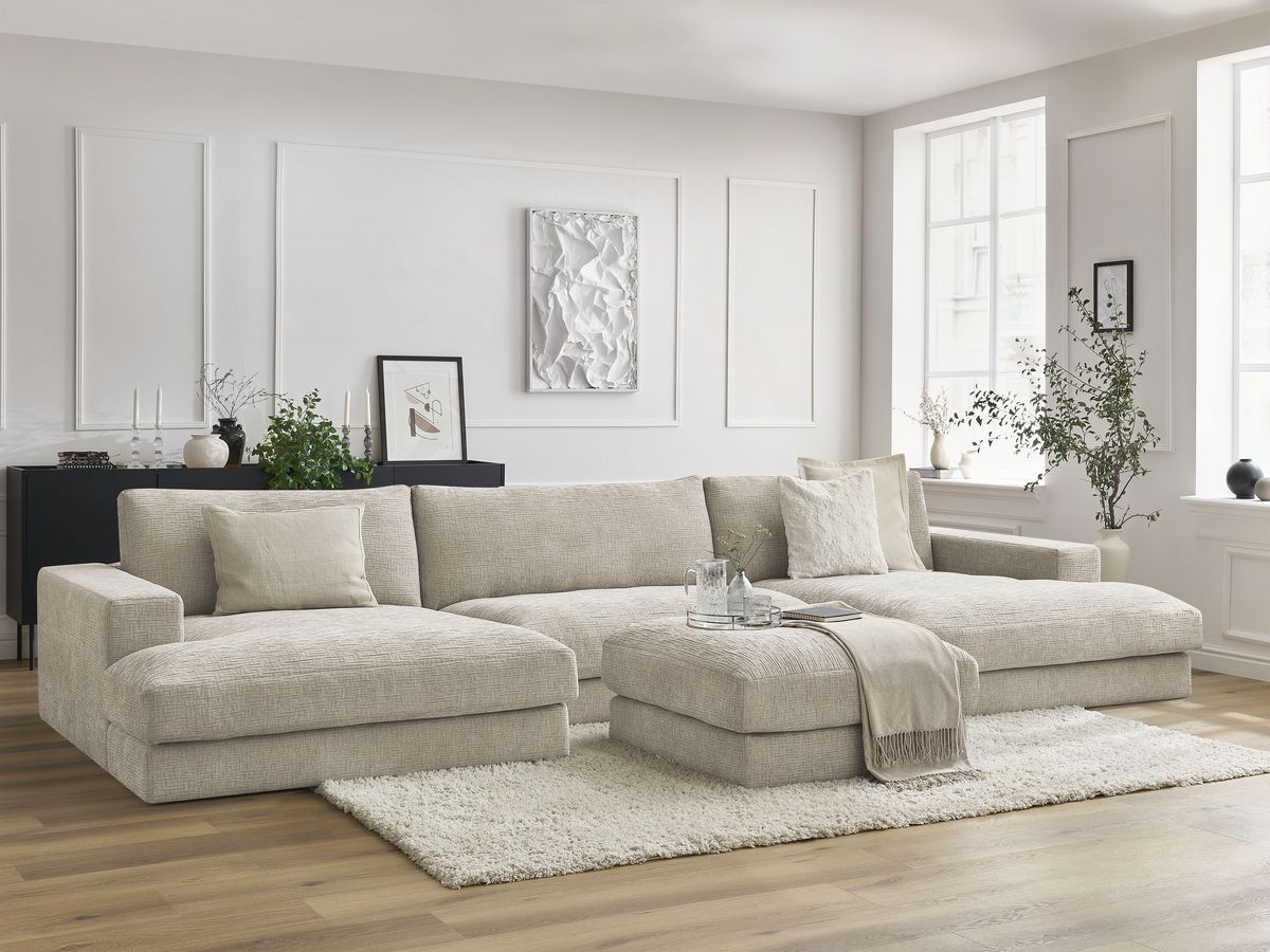 Bobochic Leonard Wohnlandschaft mit Pouf 404 × 159 cm Strukturstoff Beige