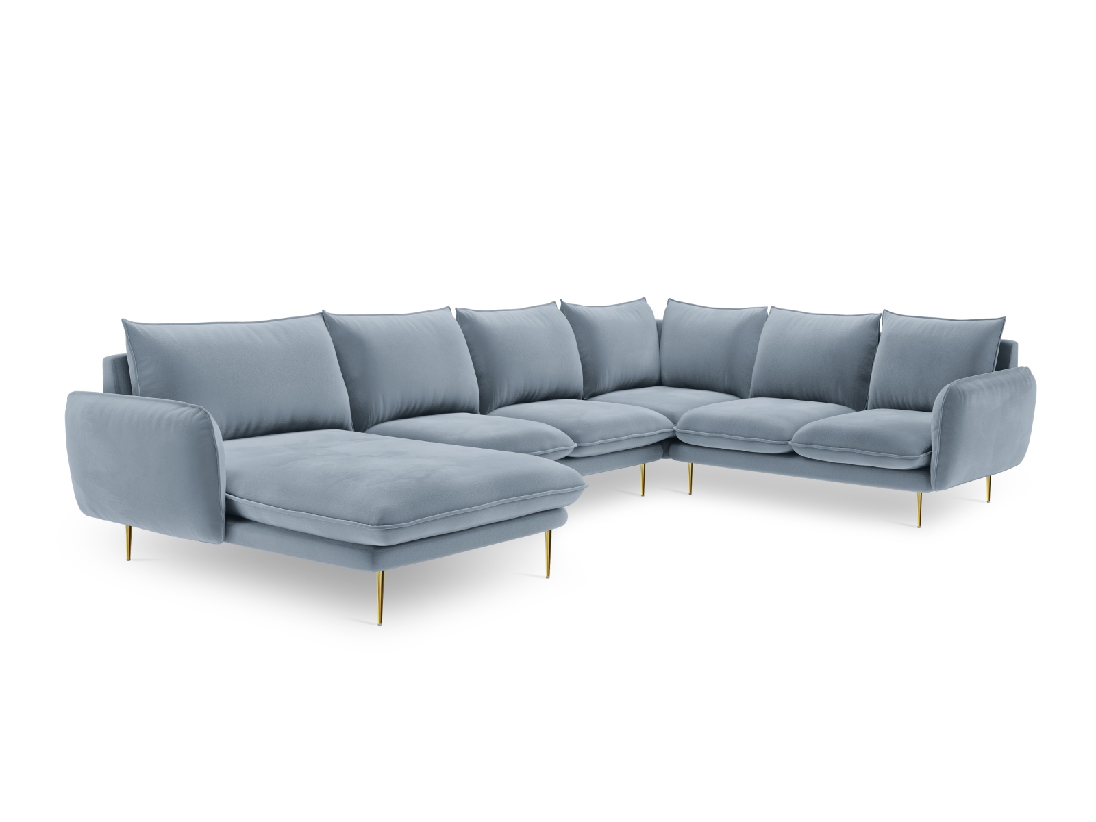 Cosmopolitan Design Panoramasofa Vienna 7-Sitzer Samt Bluvel Hellblau Rechts Beine Gold