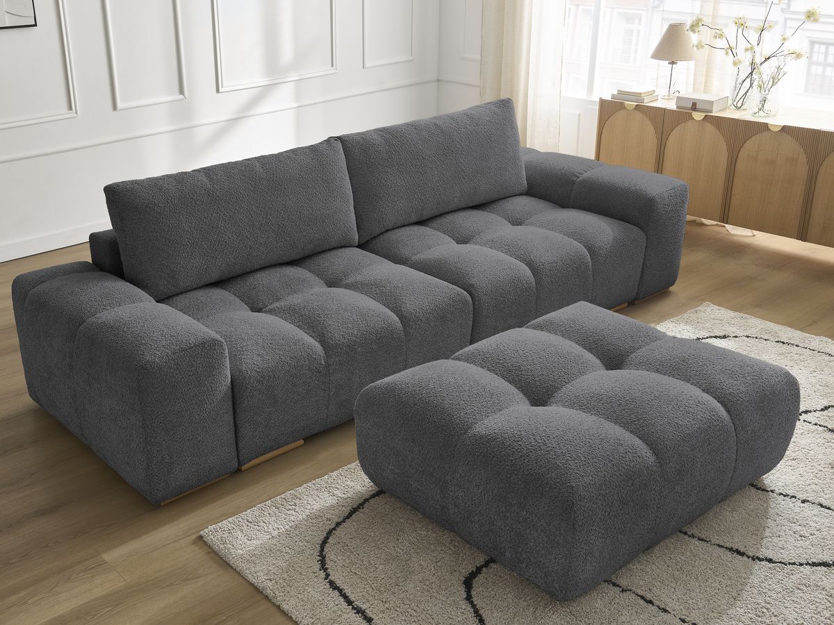 Bobochic Anakin Sofa 3-Sitzer mit Pouf, 2 Kissen Bouclé-Stoff Dunkelgrau