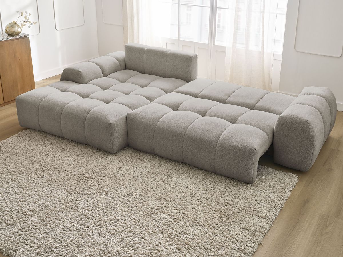 Bobochic Everest Ecksofa mit Schlaffunktion und Bettkasten 318 × 180 cm, 7 Kissen Melange-Stoff Taupe Ecke links
