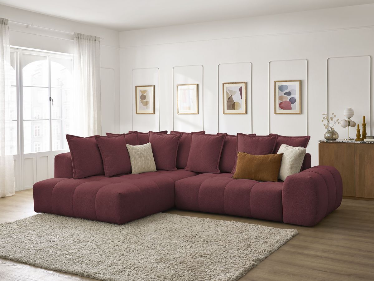 Bobochic Everest Ecksofa mit Schlaffunktion und Bettkasten 320 × 212 cm, 10 Kissen Melange-Stoff Rot Ecke links