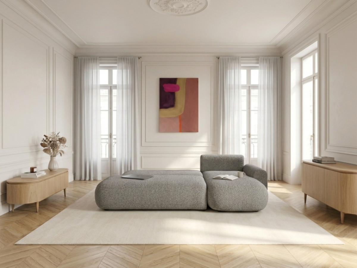Bobochic Tango Ecksofa mit Schlaffunktion und Bettkasten Bouclé-Stoff Grau Ecke rechts